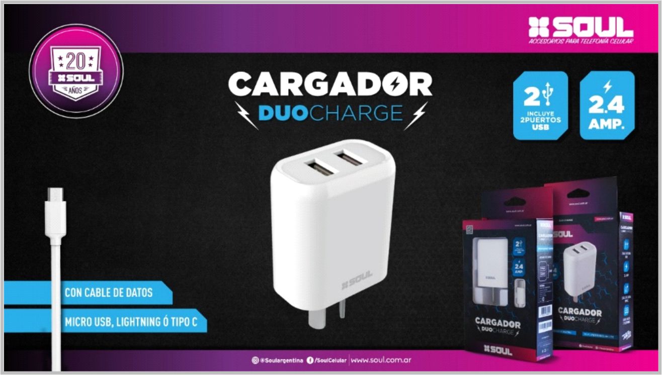 CARGADOR 220V A USB 2 PORT CVQ-XUSB2M C/CABLE MICRO USB 2.4 AMP  - SOUL